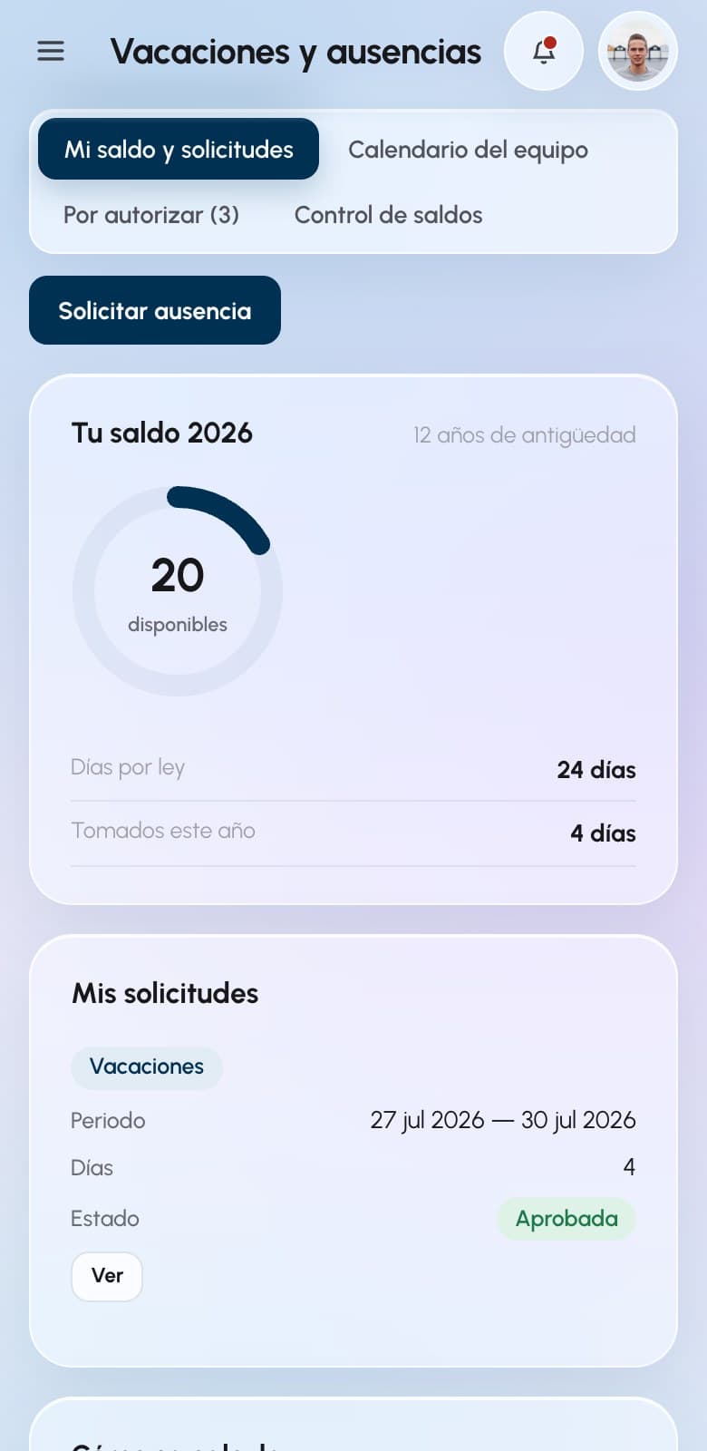Saldo y solicitudes de vacaciones en el celular
